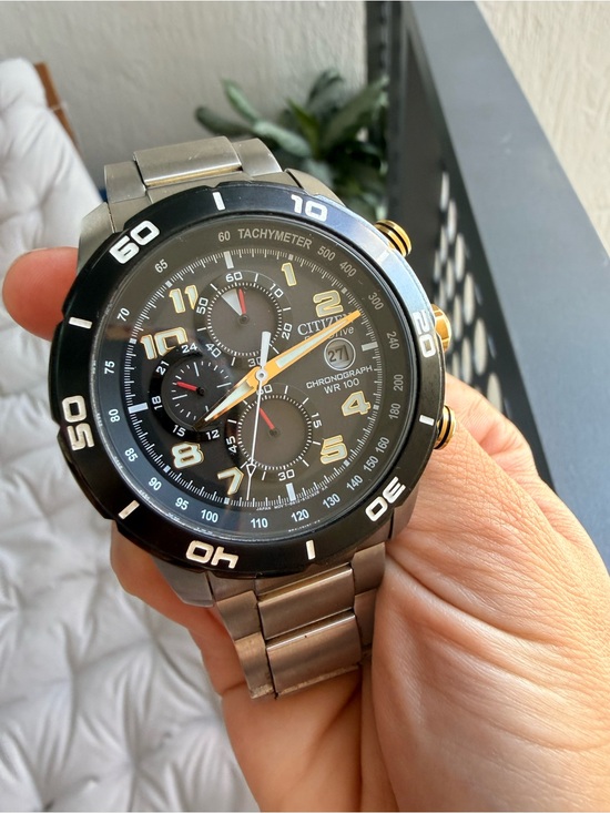 Citizen Other - Citizen Eco-Drive Chronograph WR100 Wristwatch Black Dial Gold Stainless Steel